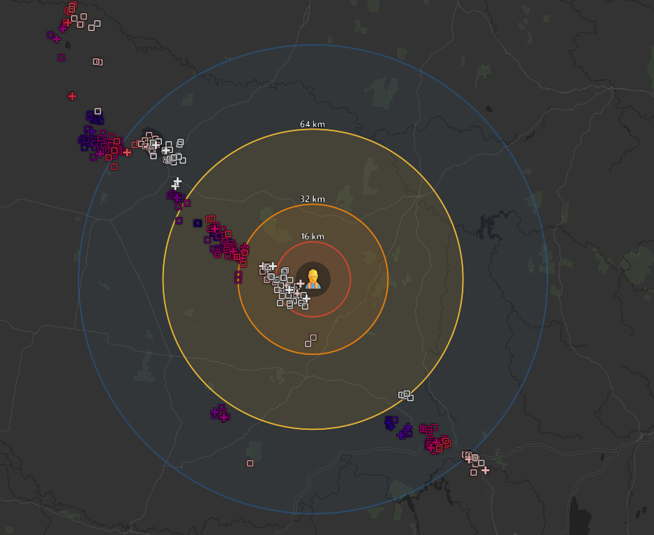 Lightning proximity rings at 16, 32 and 64 km around a crew location, with live strikes on the map